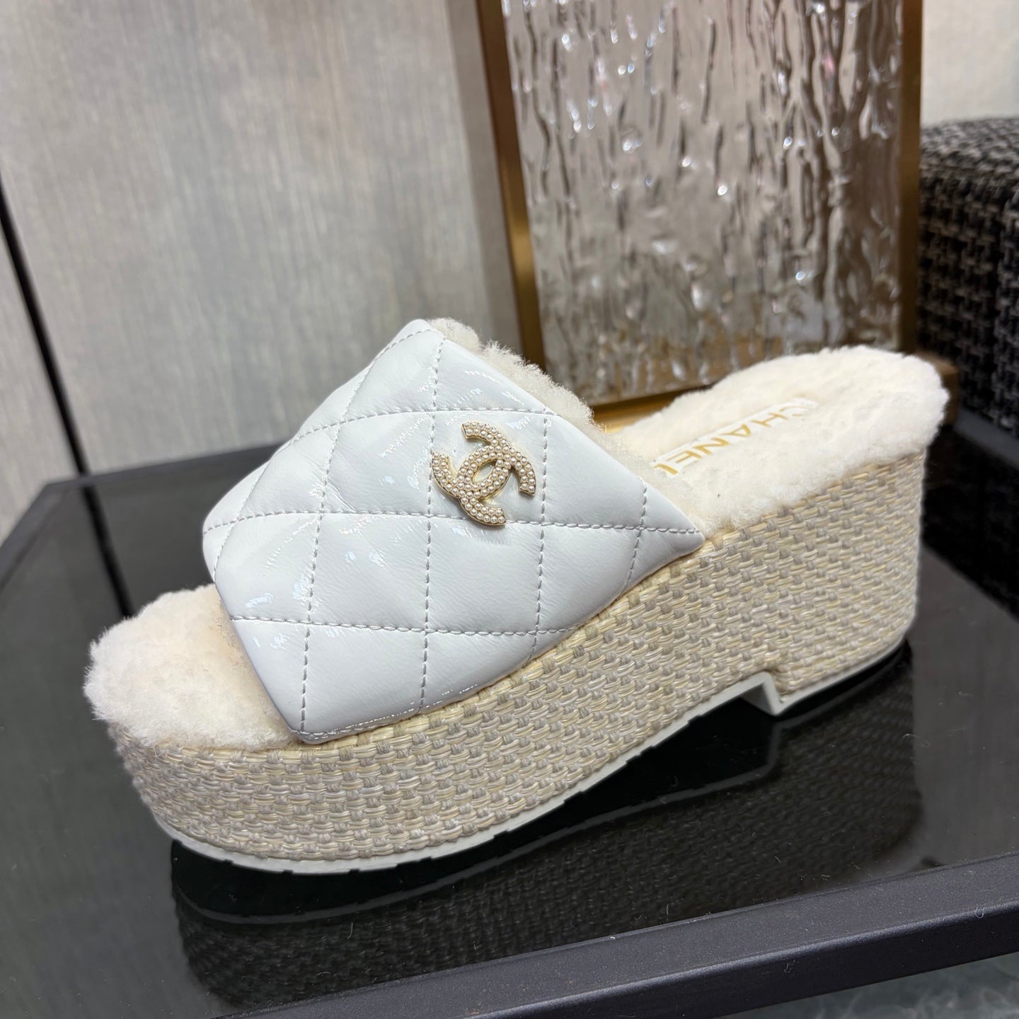 Chane 26 Platform Slippers White Beige in Patent Leather with Wool 602466
