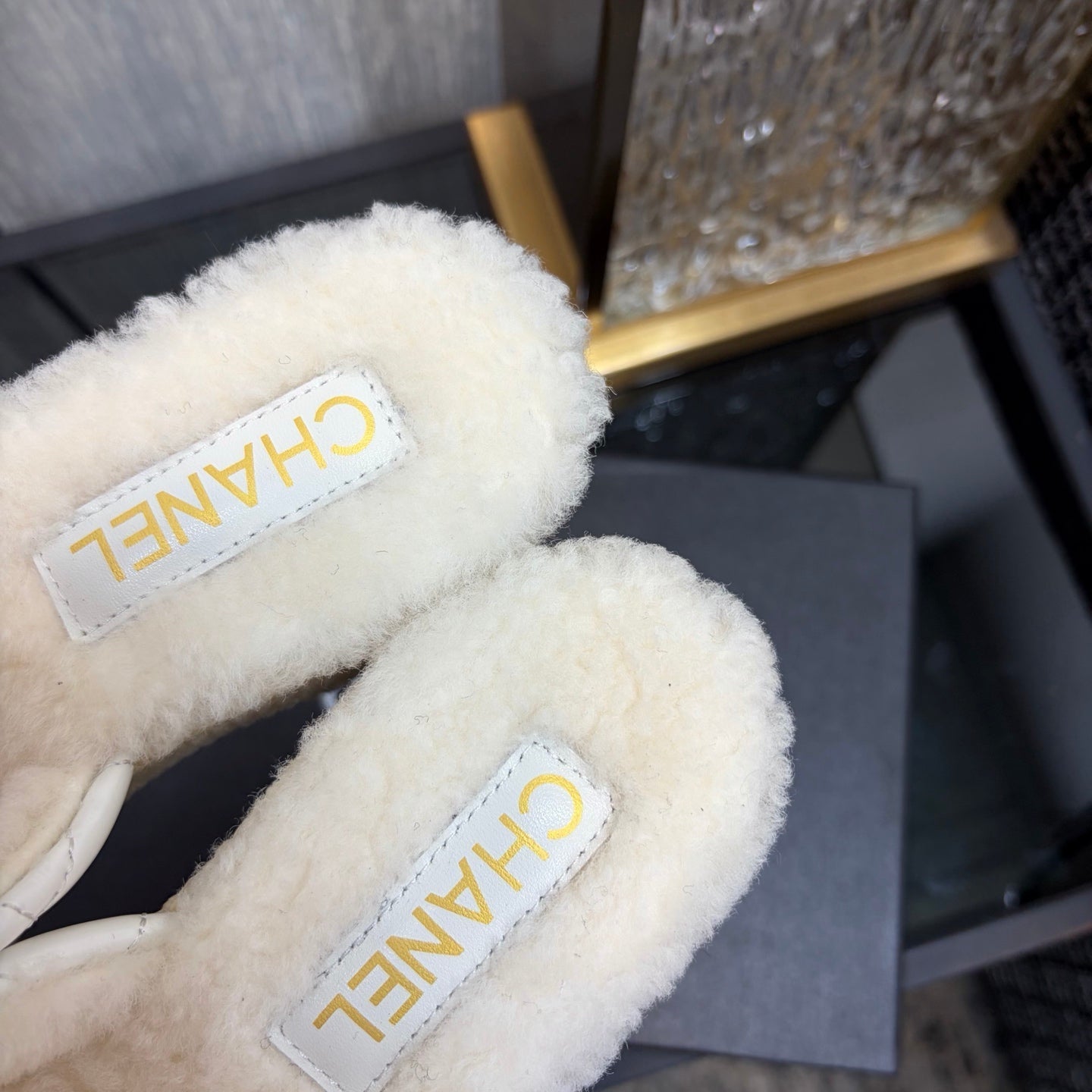 Chane 26 Platform Slippers White Beige in Patent Leather with Wool 602466