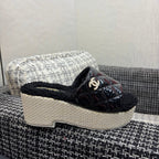 Chane 26 Platform Slippers Black in Patent Leather with Wool 602465