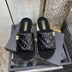 Chane 26 Platform Slippers Black in Patent Leather with Wool 602465