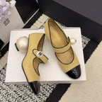 CC Pearl Heel with Rhinstone Clasp Mary Janes Beige Cowhide 602354