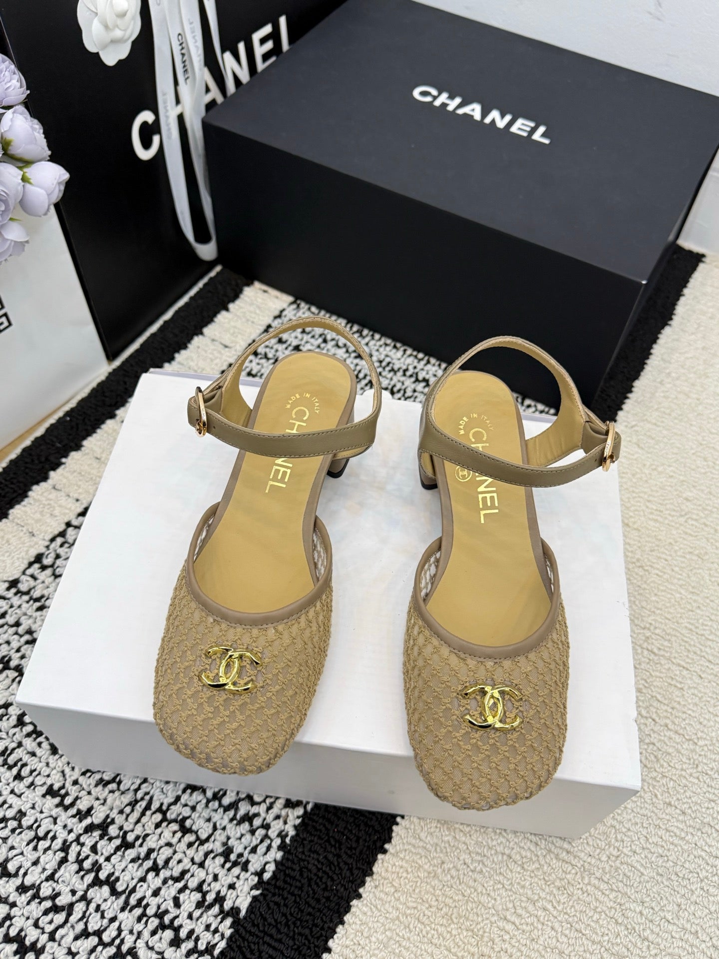 Chanel Square Toe Mary Jane Flats Beige in Mesh fabric 602172