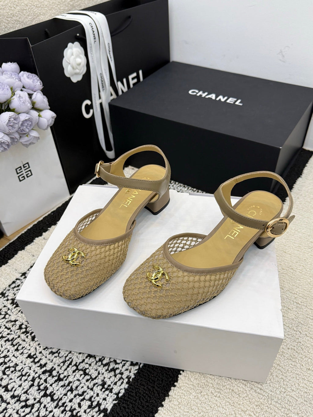 Chanel Square Toe Mary Jane Flats Beige in Mesh fabric 602172