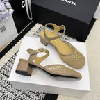 Chanel Square Toe Mary Jane Flats Beige in Mesh fabric 602172