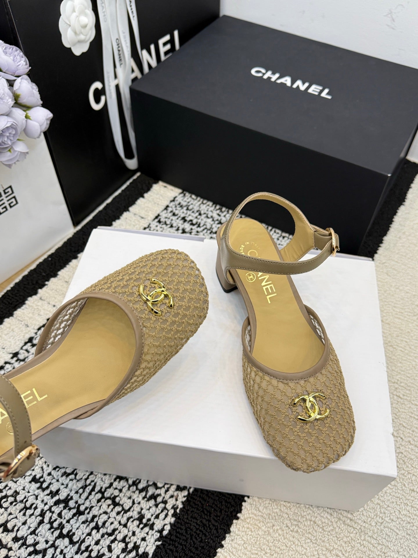 Chanel Square Toe Mary Jane Flats Beige in Mesh fabric 602172