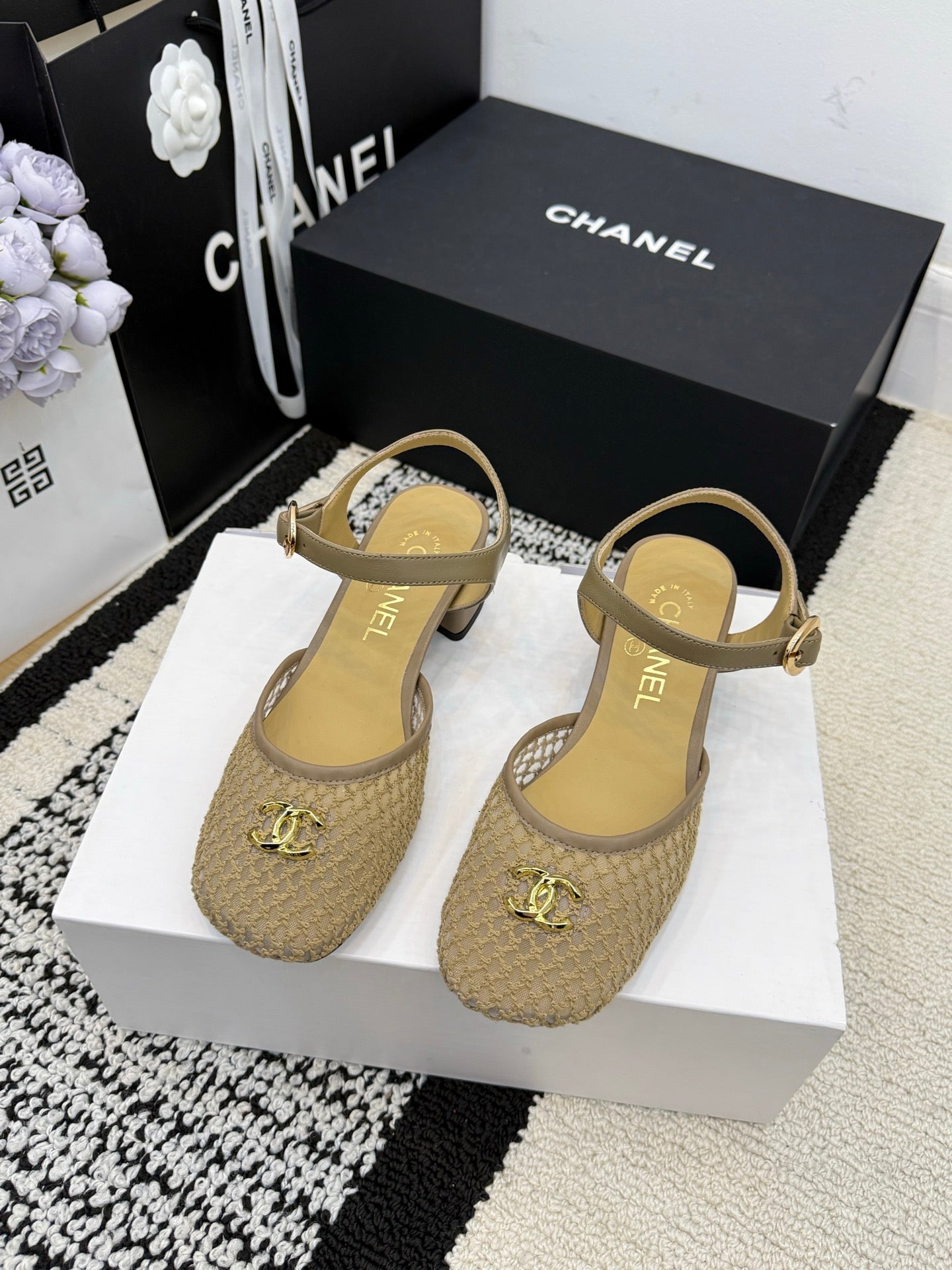 Chanel Square Toe Mary Jane Flats Beige in Mesh fabric 602172