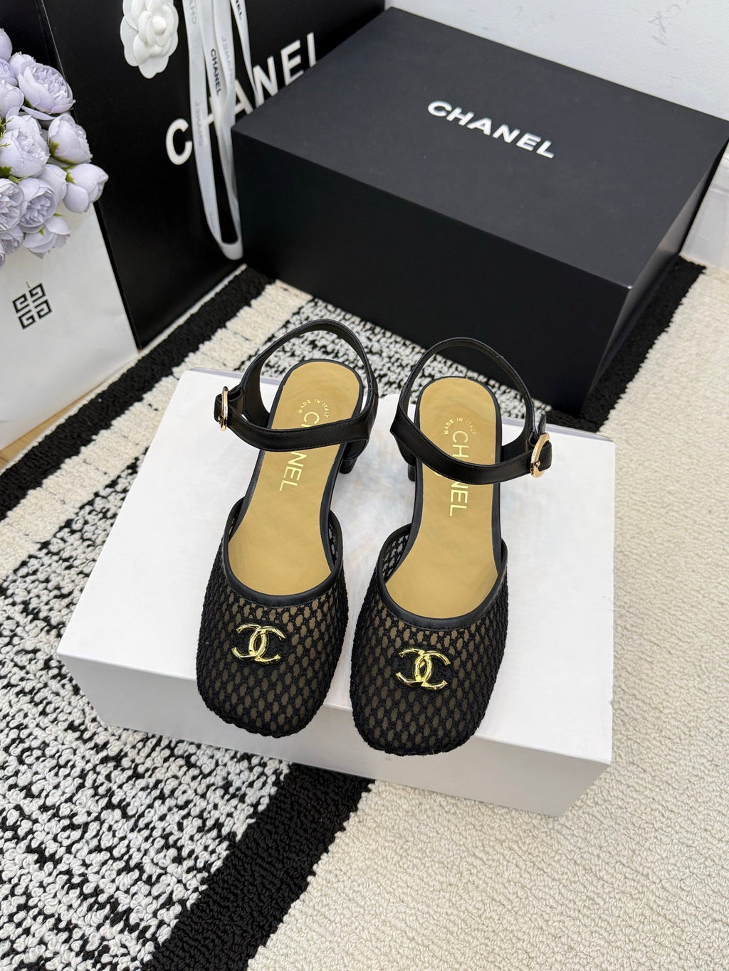 Chanel Square Toe Mary Jane Flats Black in Mesh fabric 602171