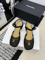 Chanel Square Toe Mary Jane Flats Black in Mesh fabric 602171