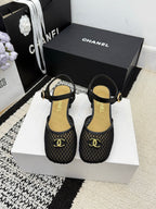 Chanel Square Toe Mary Jane Flats Black in Mesh fabric 602171
