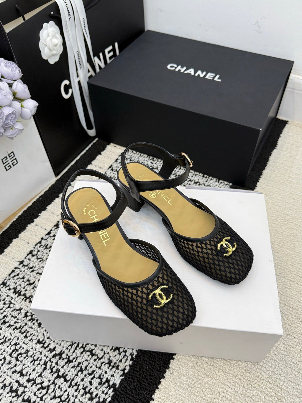 Chanel Square Toe Mary Jane Flats Black in Mesh fabric 602171