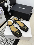 Chanel Square Toe Mary Jane Flats Black in Mesh fabric 602171