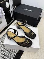 Chanel Square Toe Mary Jane Flats Black in Mesh fabric 602171