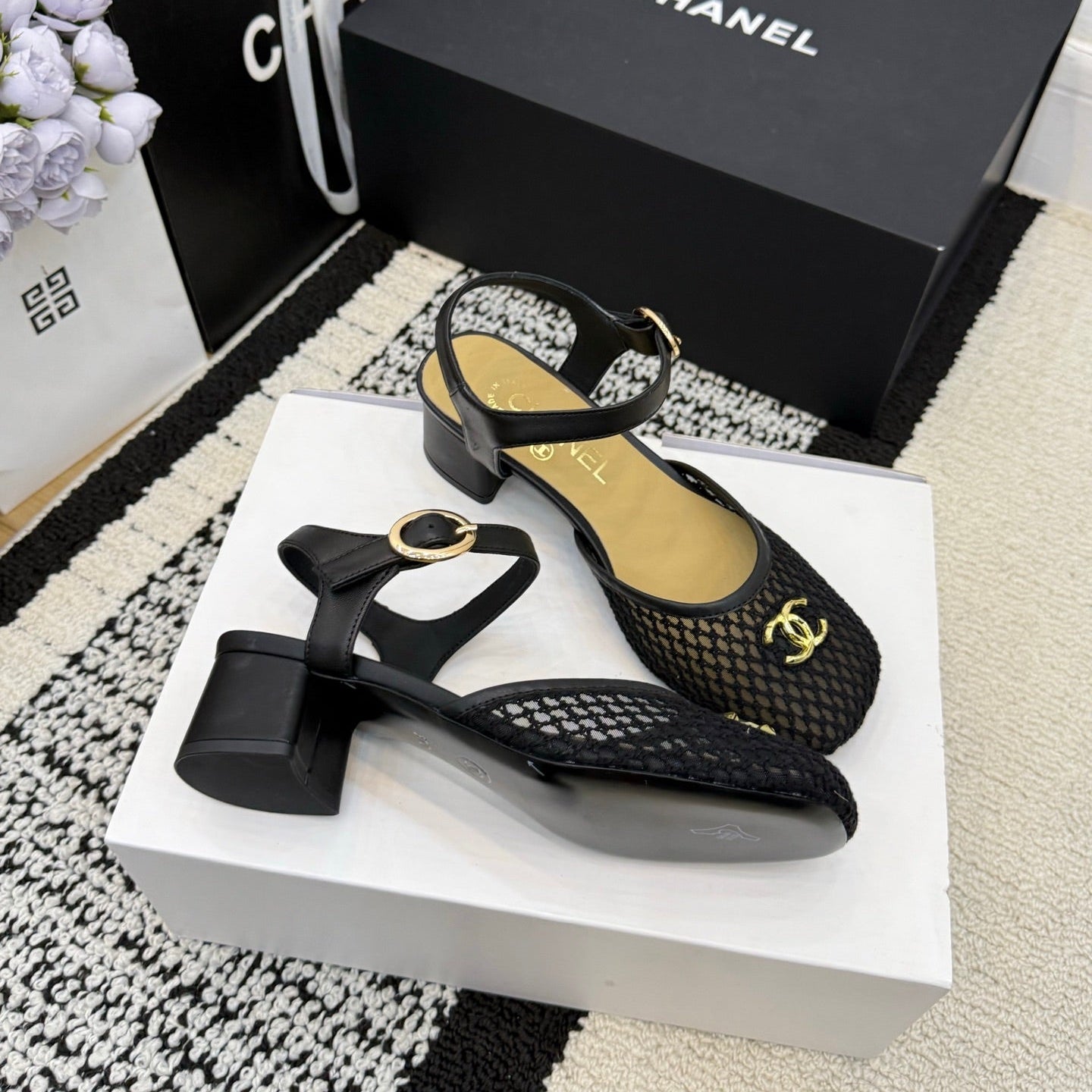 Chanel Square Toe Mary Jane Flats Black in Mesh fabric 602171