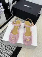Chanel Square Toe Mary Jane Flats Pink in Mesh fabric 602170