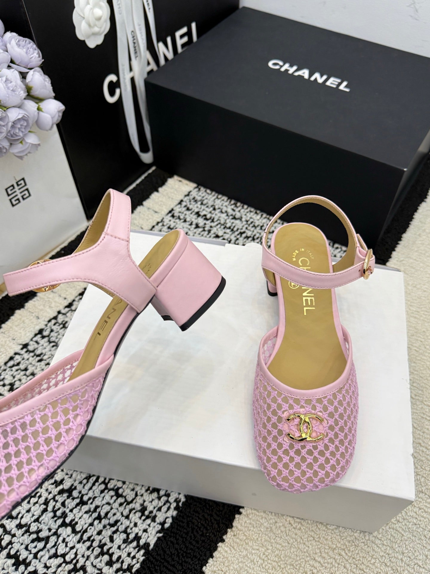 Chanel Square Toe Mary Jane Flats Pink in Mesh fabric 602170