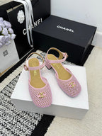 Chanel Square Toe Mary Jane Flats Pink in Mesh fabric 602170