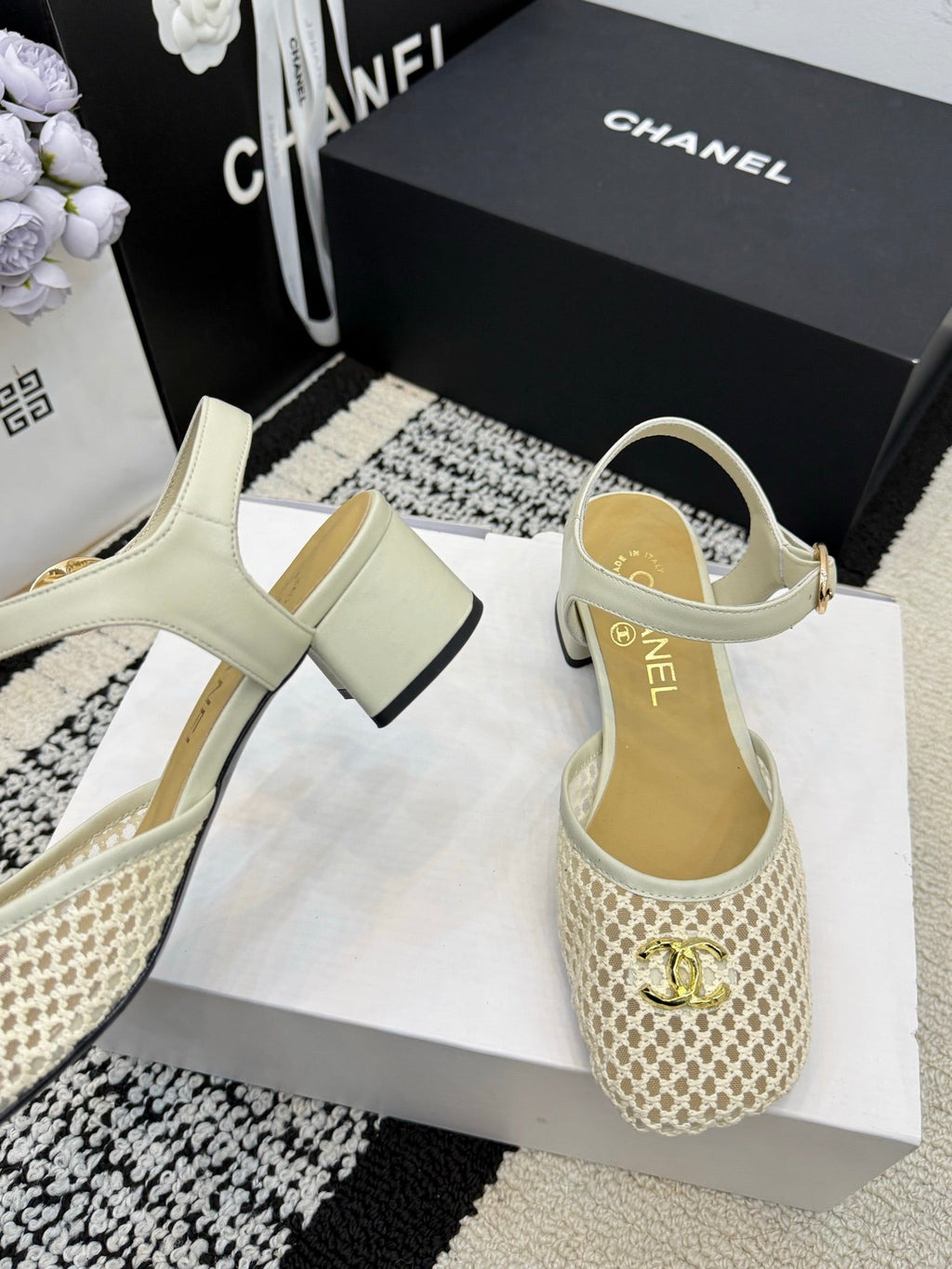 Chanel Square Toe Mary Jane Flats Off-white in Mesh fabric 602169