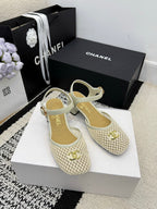Chanel Square Toe Mary Jane Flats Off-white in Mesh fabric 602169