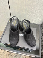Chanel 26 Classic Chunky Heel Open Back Sandal 95 Black in Tweed Fabric 602499