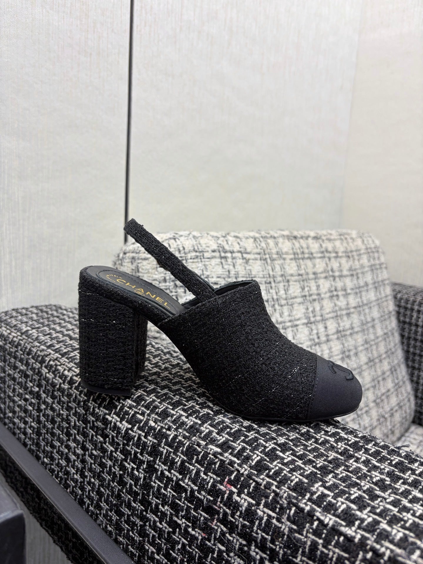 Chanel 26 Classic Chunky Heel Open Back Sandal 95 Black in Tweed Fabric 602499