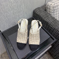 Chanel 26 Classic Chunky Heel Open Back Sandal 95 White in Tweed Fabric 602494