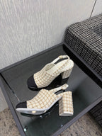 Chanel 26 Classic Chunky Heel Open Back Sandal 95 White in Tweed Fabric 602494