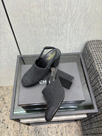 Chanel 26 Classic Chunky Heel Open Back Sandal 95 Black in Suede 602495