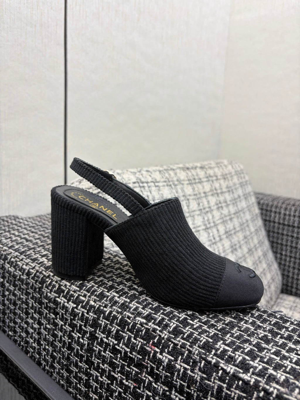 Chanel 26 Classic Chunky Heel Open Back Sandal 95 Black in Suede 602495