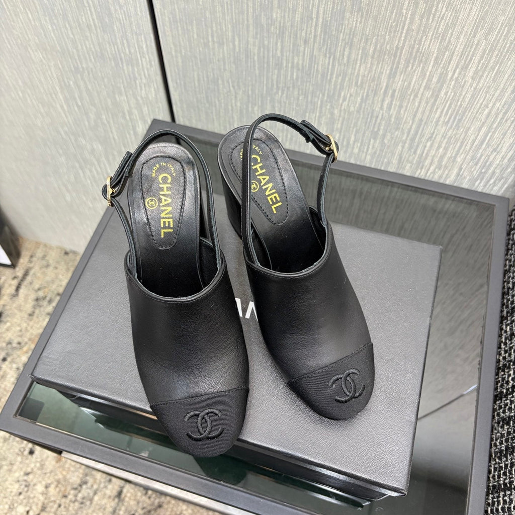 Chanel 26 Classic Chunky Heel Open Back Sandal 95 Black in Sheepskin 602497