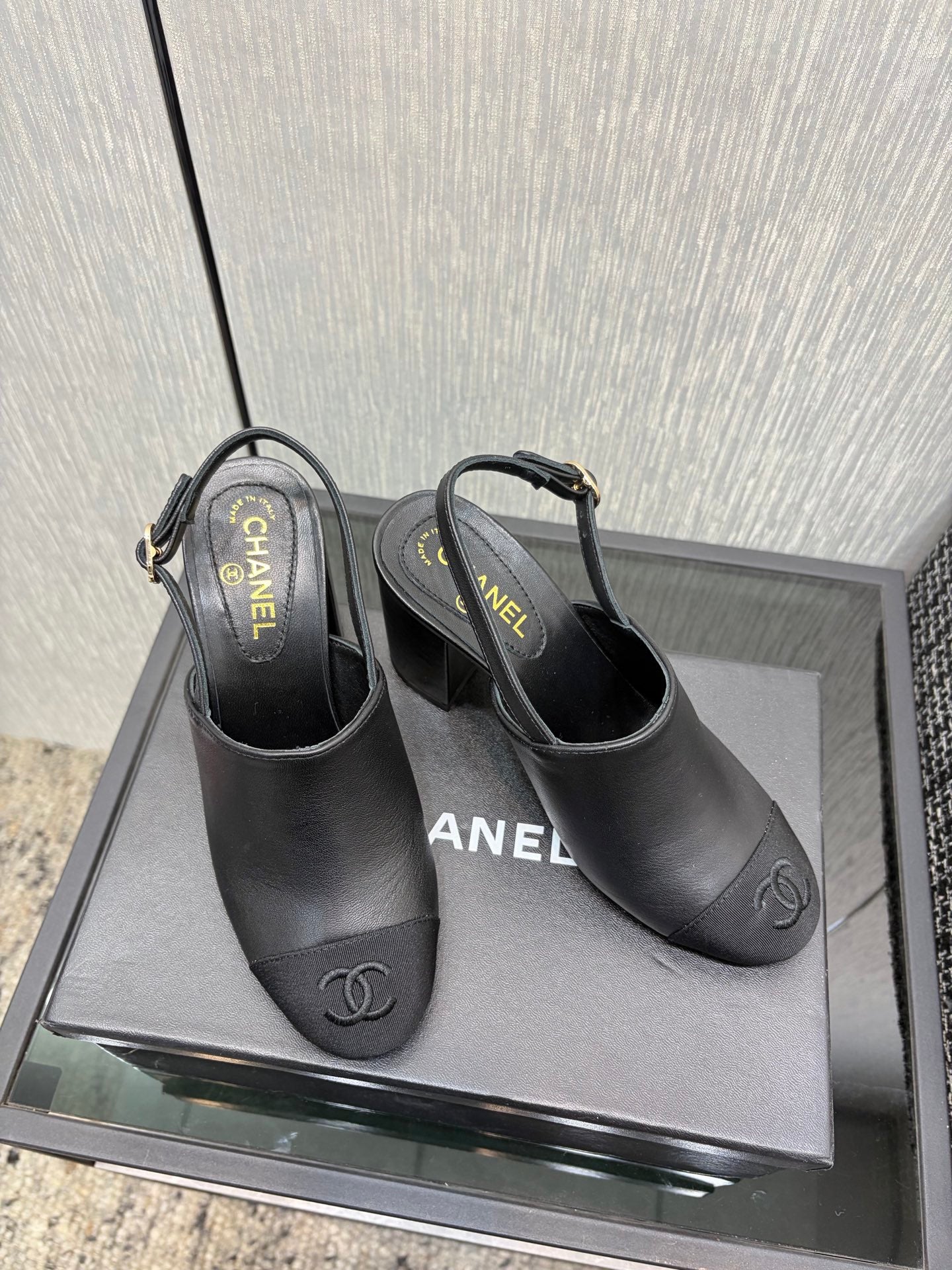 Chanel 26 Classic Chunky Heel Open Back Sandal 95 Black in Sheepskin 602497