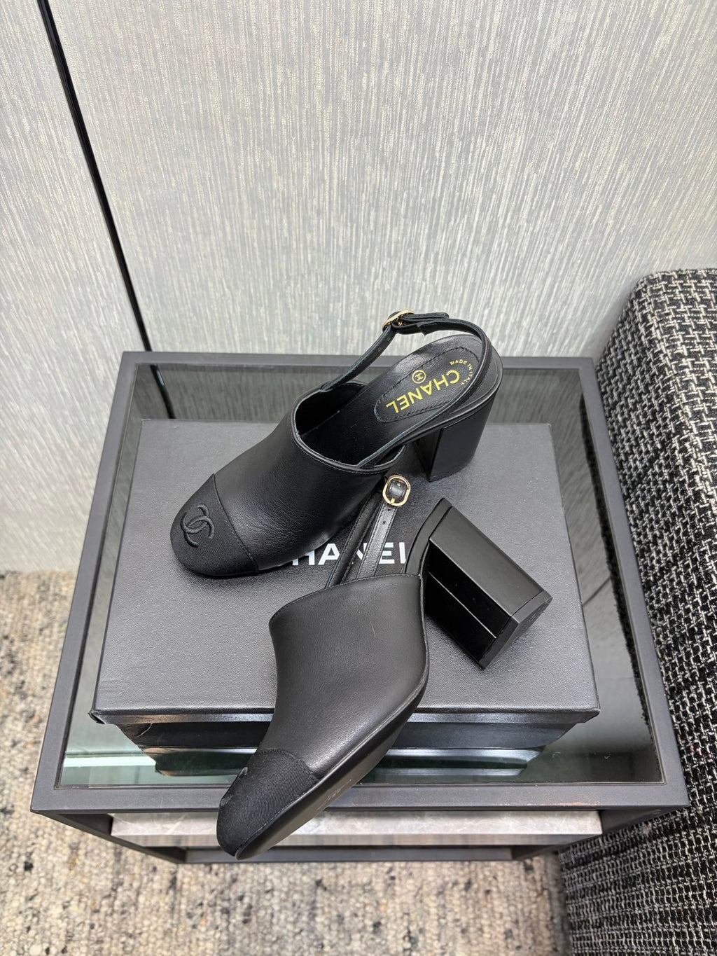 Chanel 26 Classic Chunky Heel Open Back Sandal 95 Black in Sheepskin 602497