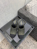 Chanel 26 Classic Chunky Heel Open Back Sandal 95 Olive Green in Tweed Fabric 602496