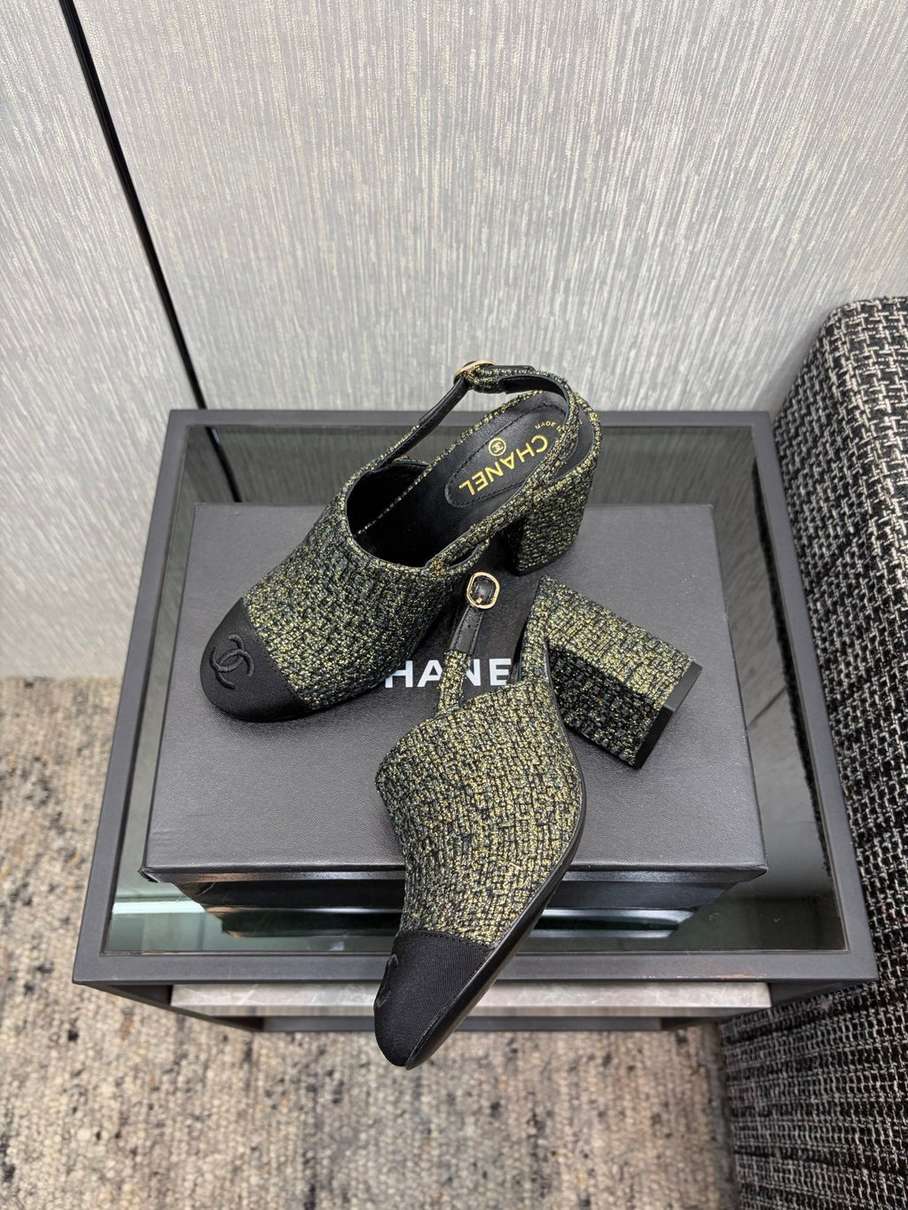 Chanel 26 Classic Chunky Heel Open Back Sandal 95 Olive Green in Tweed Fabric 602496