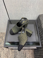 Chanel 26 Classic Chunky Heel Open Back Sandal 95 Olive Green in Tweed Fabric 602496