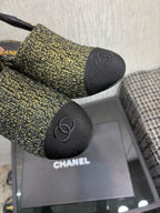 Chanel 26 Classic Chunky Heel Open Back Sandal 95 Olive Green in Tweed Fabric 602496