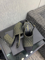 Chanel 26 Classic Chunky Heel Open Back Sandal 95 Olive Green in Tweed Fabric 602496