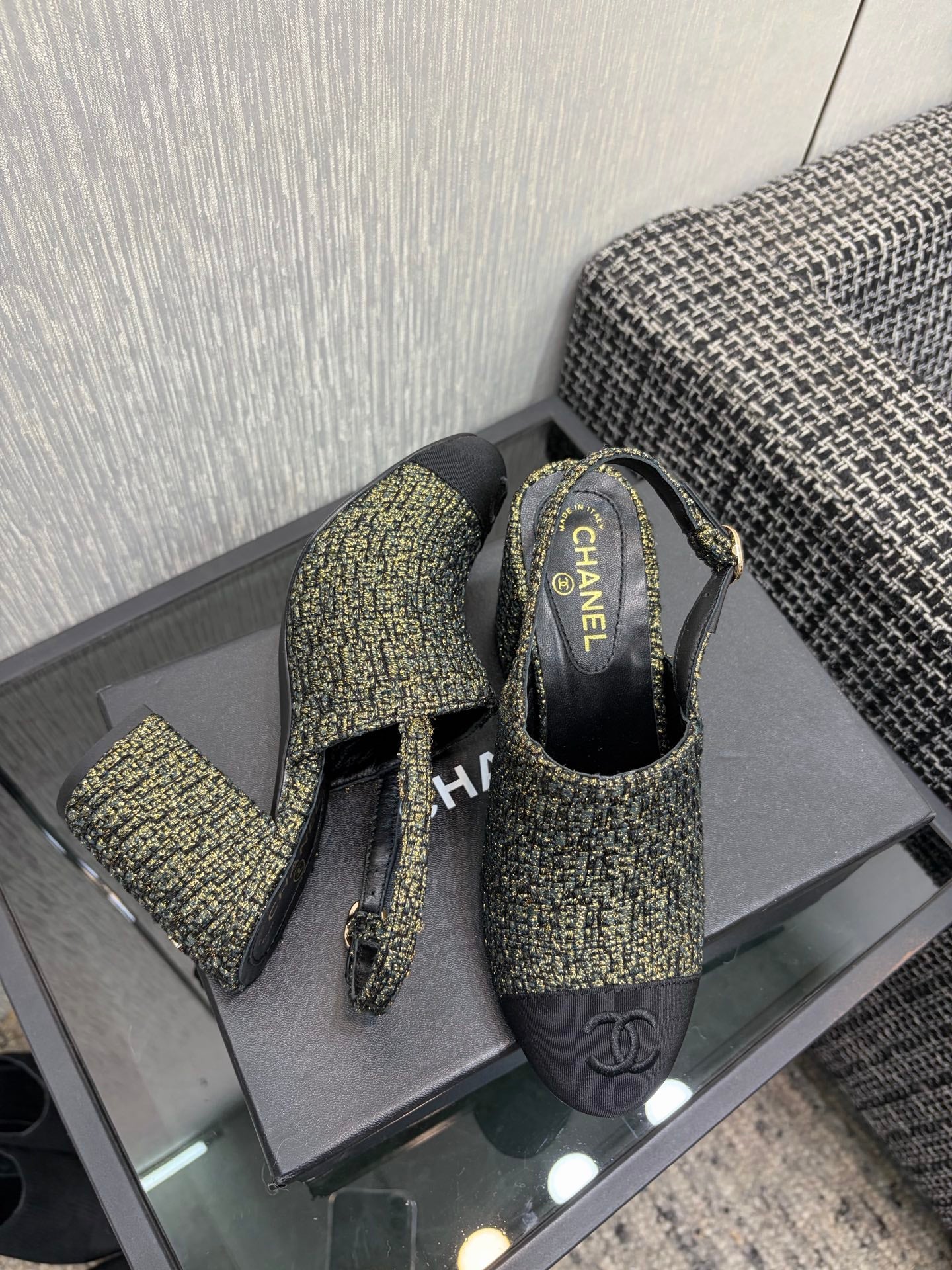 Chanel 26 Classic Chunky Heel Open Back Sandal 95 Olive Green in Tweed Fabric 602496