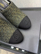 Chanel 26 Classic Chunky Heel Open Back Sandal 95 Olive Green in Tweed Fabric 602496