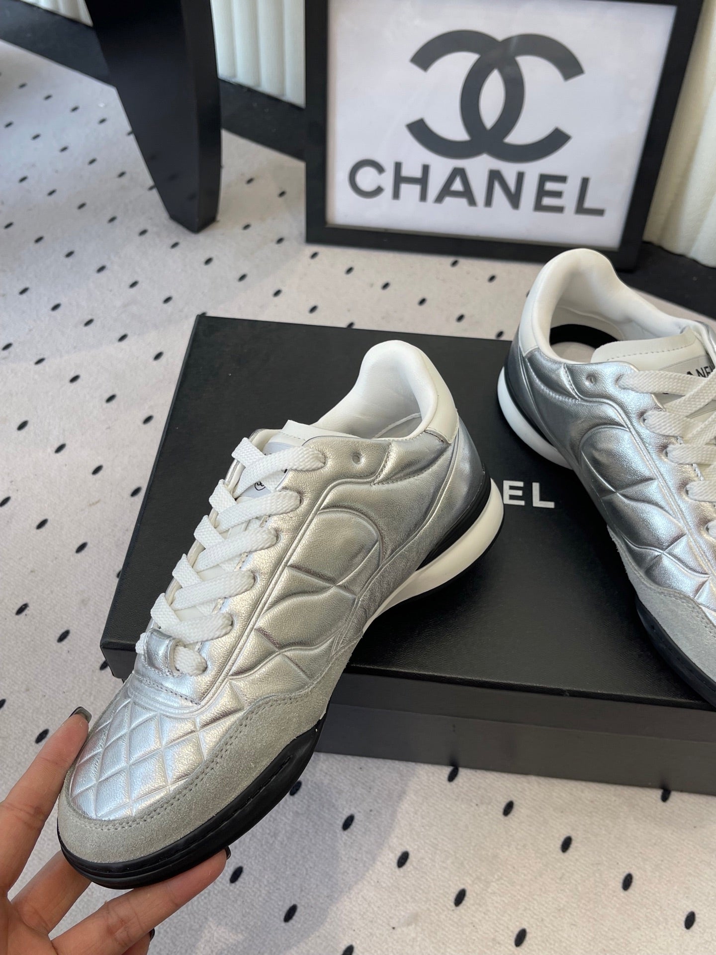Chanel Coco Baseball Shoes Metallic Silver in Cowhide 611671