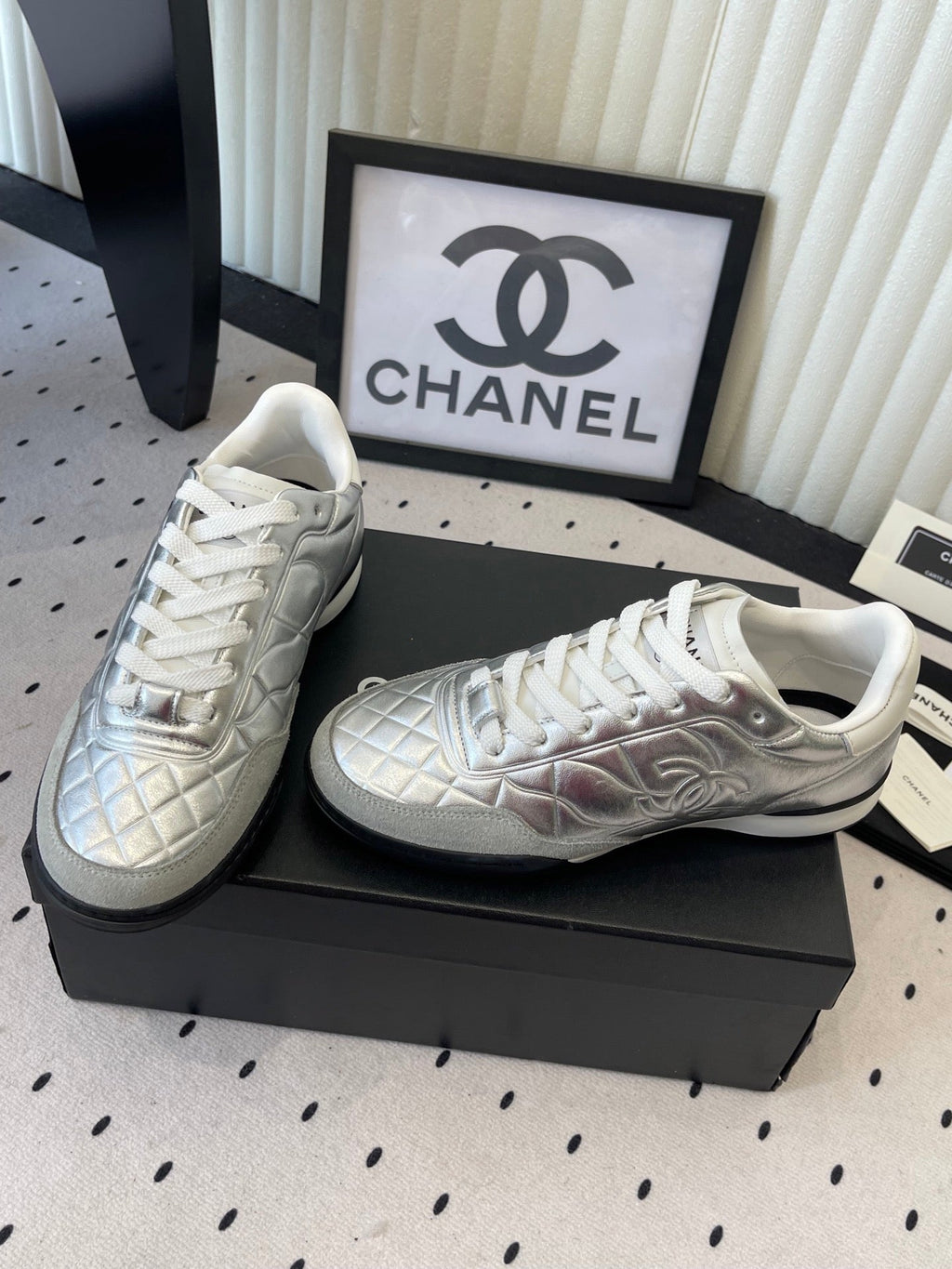 Chanel Coco Baseball Shoes Metallic Silver in Cowhide 611671