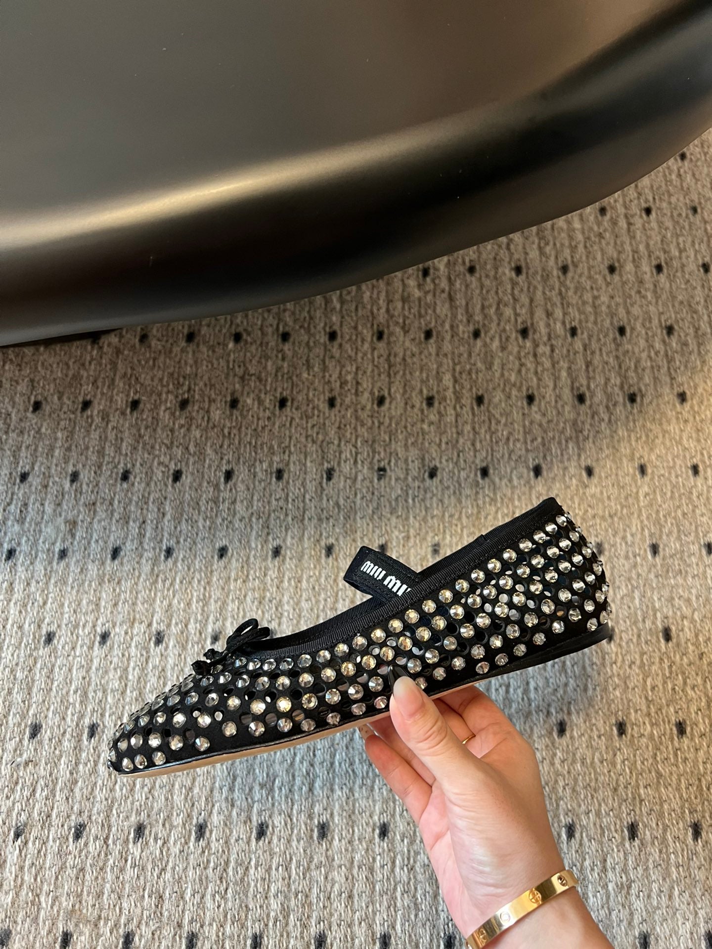 Miu Miu 26SS Ballet Flats Diamond-encrusted Black in Calfskin 614697