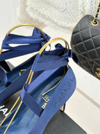 Chanel 26C Ballet High Heels Dark Blue in Silk 616004