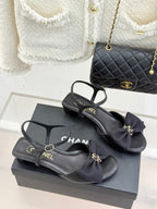 Chanel 26C Chain Bow Chunky Heel Sandals Black in Cowhide 615992
