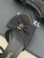 Chanel 26C Chain Bow Chunky Heel Sandals Black in Cowhide 615992