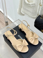 Chanel 26C Chain Bow Chunky Heel Sandals Beige in Cowhide 615991