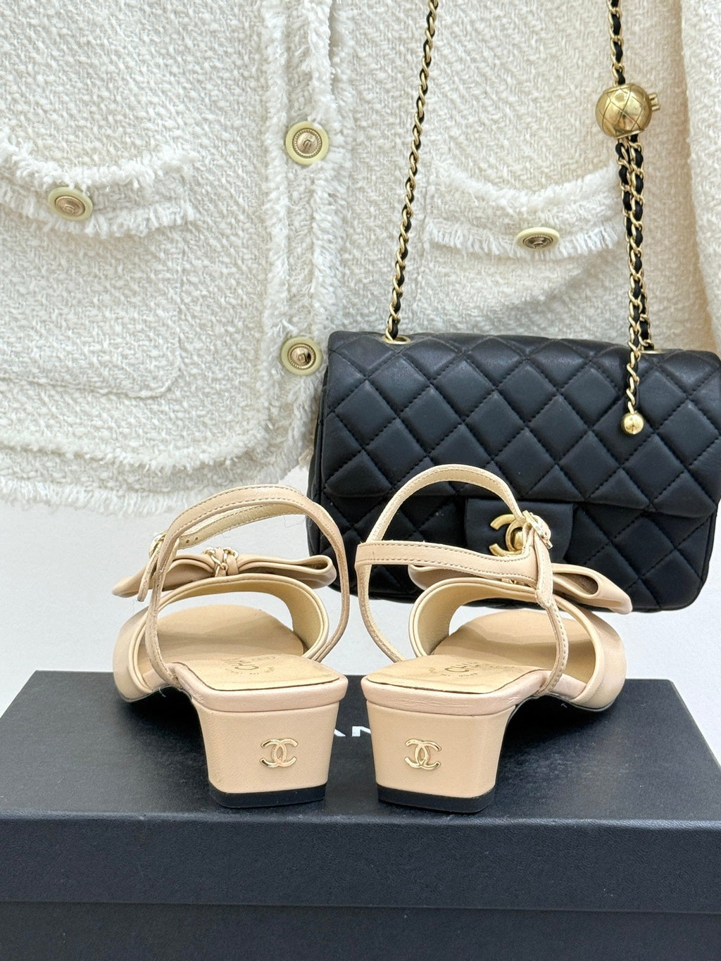 Chanel 26C Chain Bow Chunky Heel Sandals Beige in Cowhide 615991