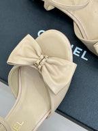 Chanel 26C Chain Bow Chunky Heel Sandals Beige in Cowhide 615991