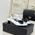 Chanel 26C Chain Bow Chunky Heel Sandals White Black in Cowhide 615990
