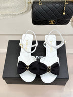 Chanel 26C Chain Bow Chunky Heel Sandals White Black in Cowhide 615990