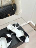 Chanel 26C Chain Bow Chunky Heel Sandals White Black in Cowhide 615990